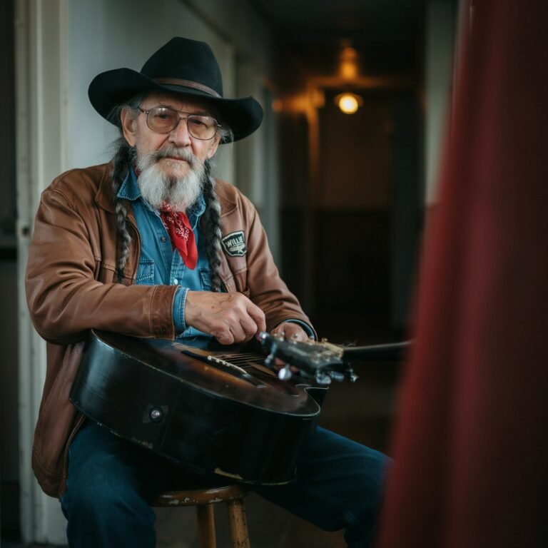 Willie Nelson performing live with his famous worn guitar Trigger wearing his signature red bandana and long braids on stage
