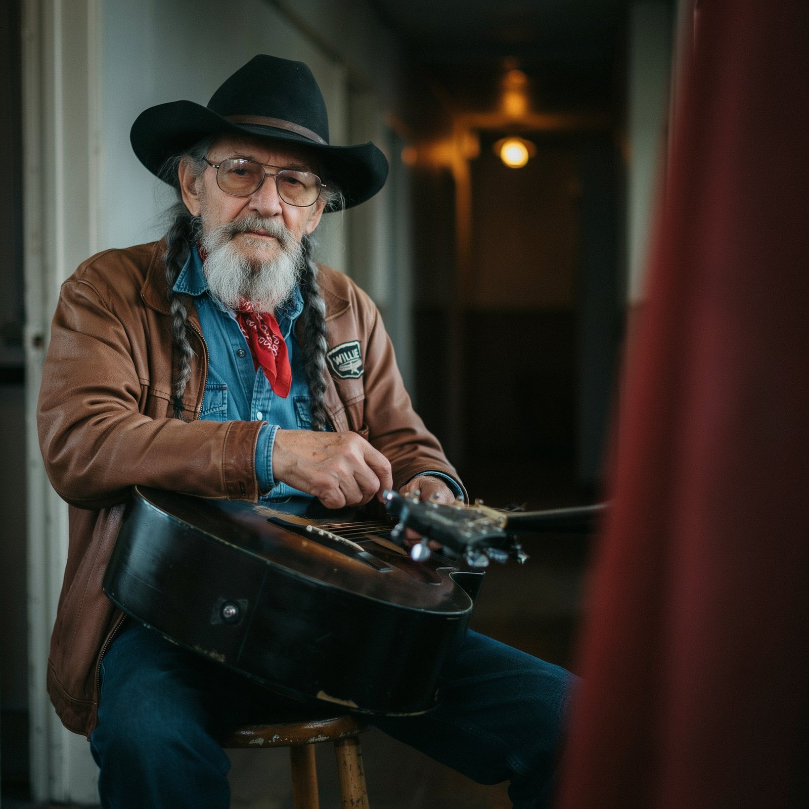 Willie Nelson performing live with his famous worn guitar Trigger wearing his signature red bandana and long braids on stage